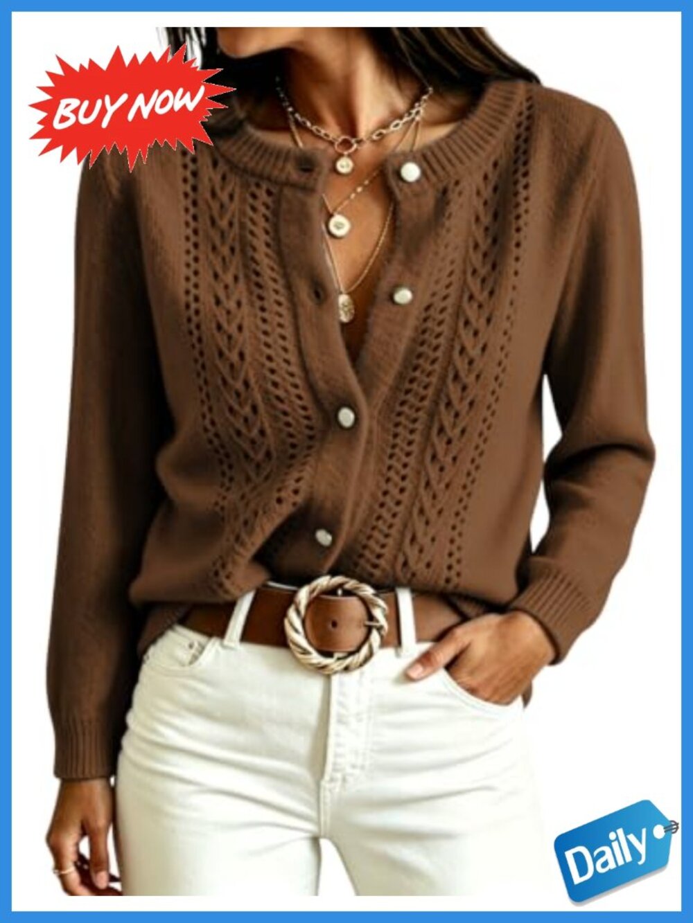 Lianlive Women Button Down Knit Cardigan Sweater Long Sleeve Crew Neck